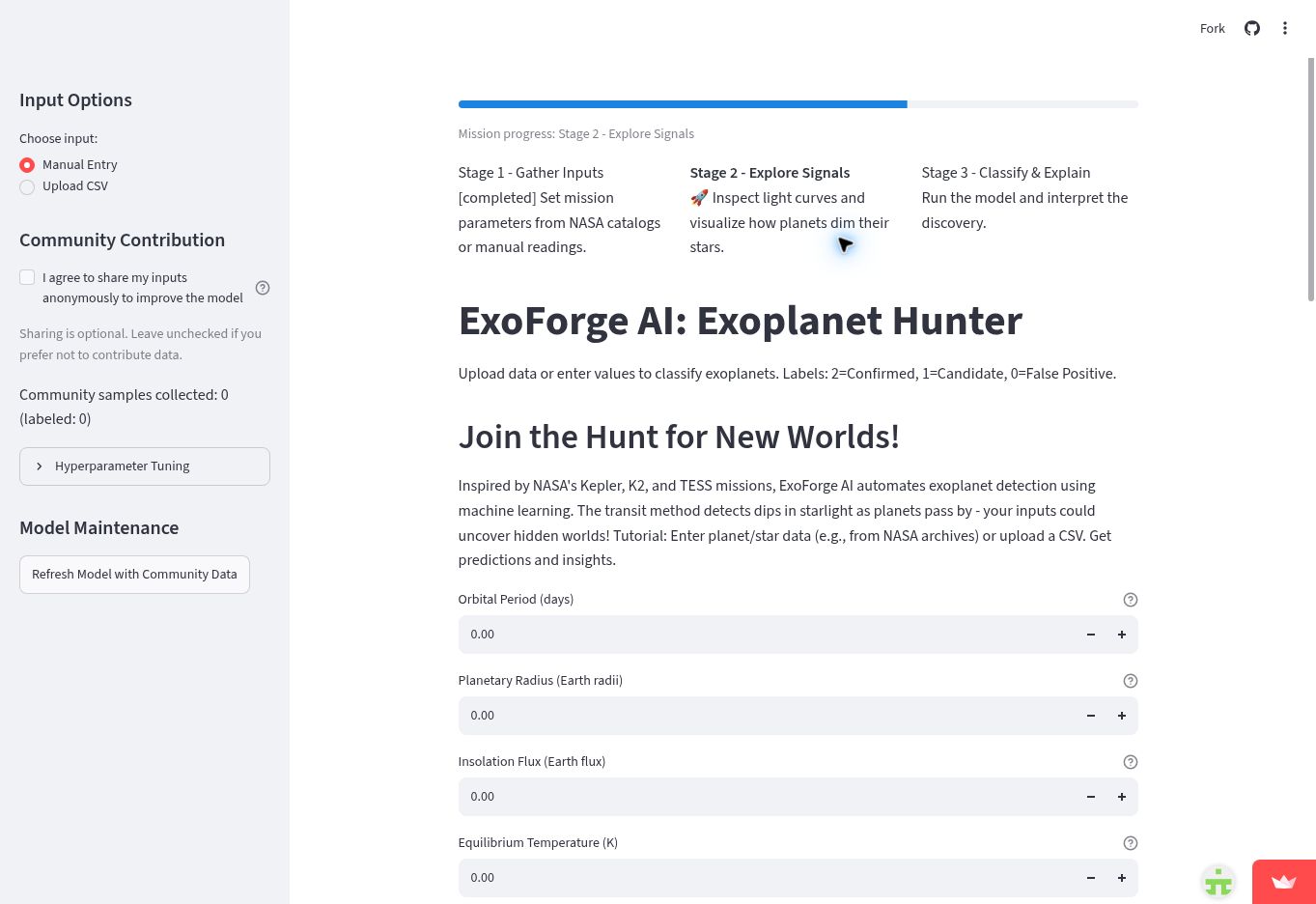 ExoForge AI app with mission stages, exoplanet classification inputs, and model controls